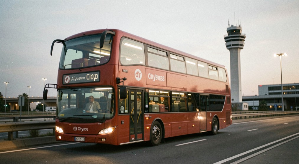 Red Citybus double decker on the airport expressway at dusk with suitcases visible in the lower deck windows and the control tower behind
