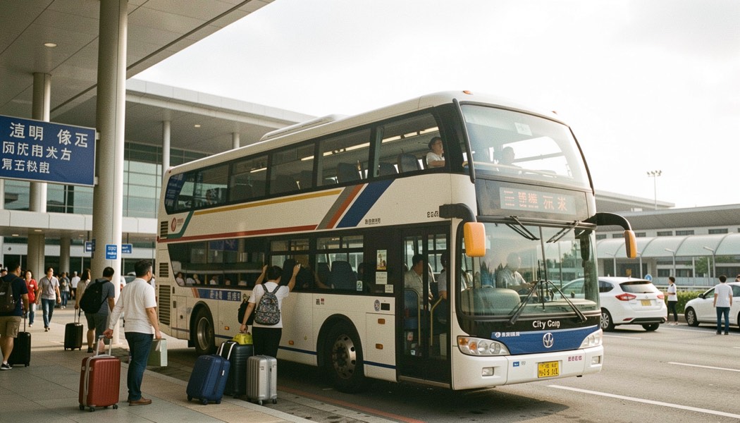 Citybus double decker parked at Hong Kong airport terminal with passengers loading suitcases under the morning sky