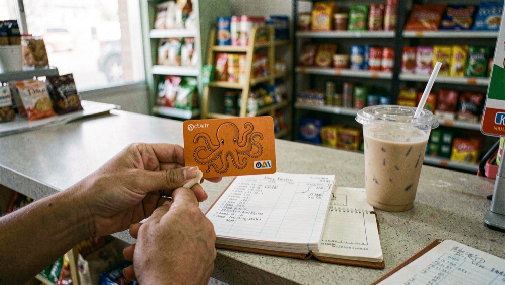 Hands holding an orange Octopus card over a convenience store counter with a notebook of daily expenses open beside a cup of milk tea