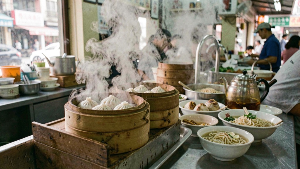 Steam rising from bamboo dim sum baskets on a counter beside bowls of noodles and a kettle of tea in a Kowloon eatery