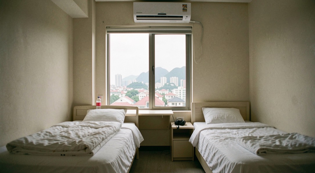 Clean budget twin room with two single beds, a window over Kowloon rooftops and a small desk under the air conditioning unit