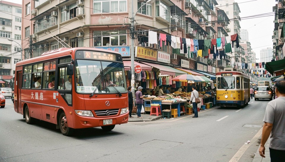 Morning street corner in Kowloon with a red minibus, a tram of shoppers and laundry hanging over the market stalls